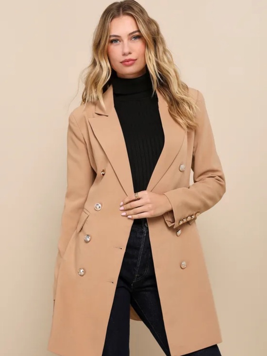 Lulus Jackets & Blazers - Lulu's Camel Double-Breasted Long Blazer